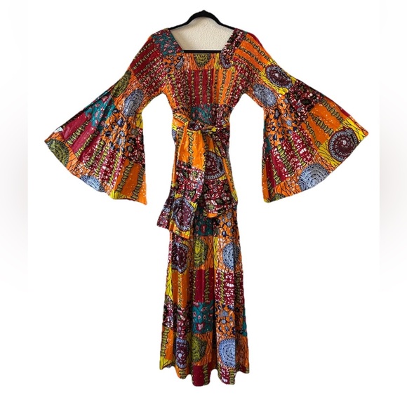 Vintage Dresses & Skirts - VTG African Star Bohemian Maxi Dress Off The Shoulder Oversized Flared Sleeve OS